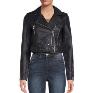 LTH JKT Mya Cropped Leather Moto Biker Jacket in Ocean Navy